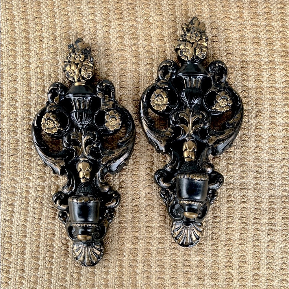Vintage Chalkware Plaster Black and Gold Wall Sconces Candle Holders